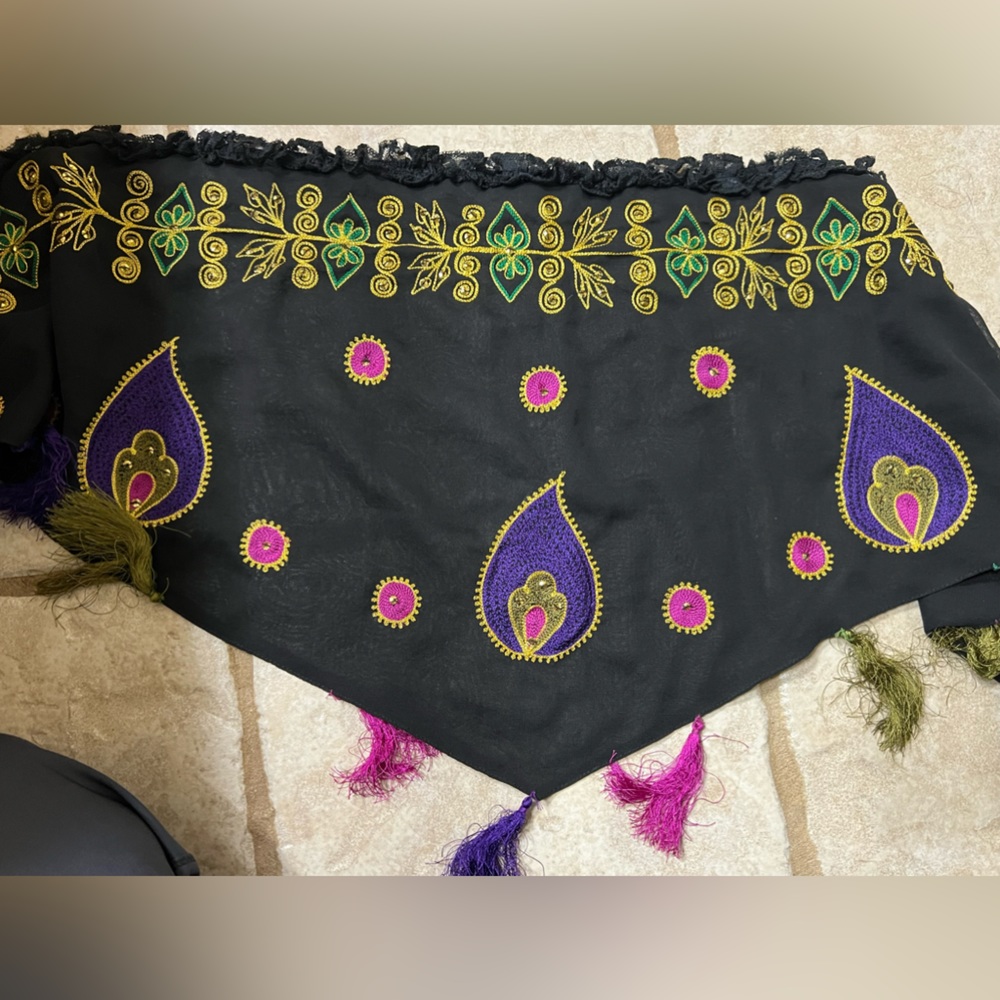 Black embroidered hip scarf with tassles